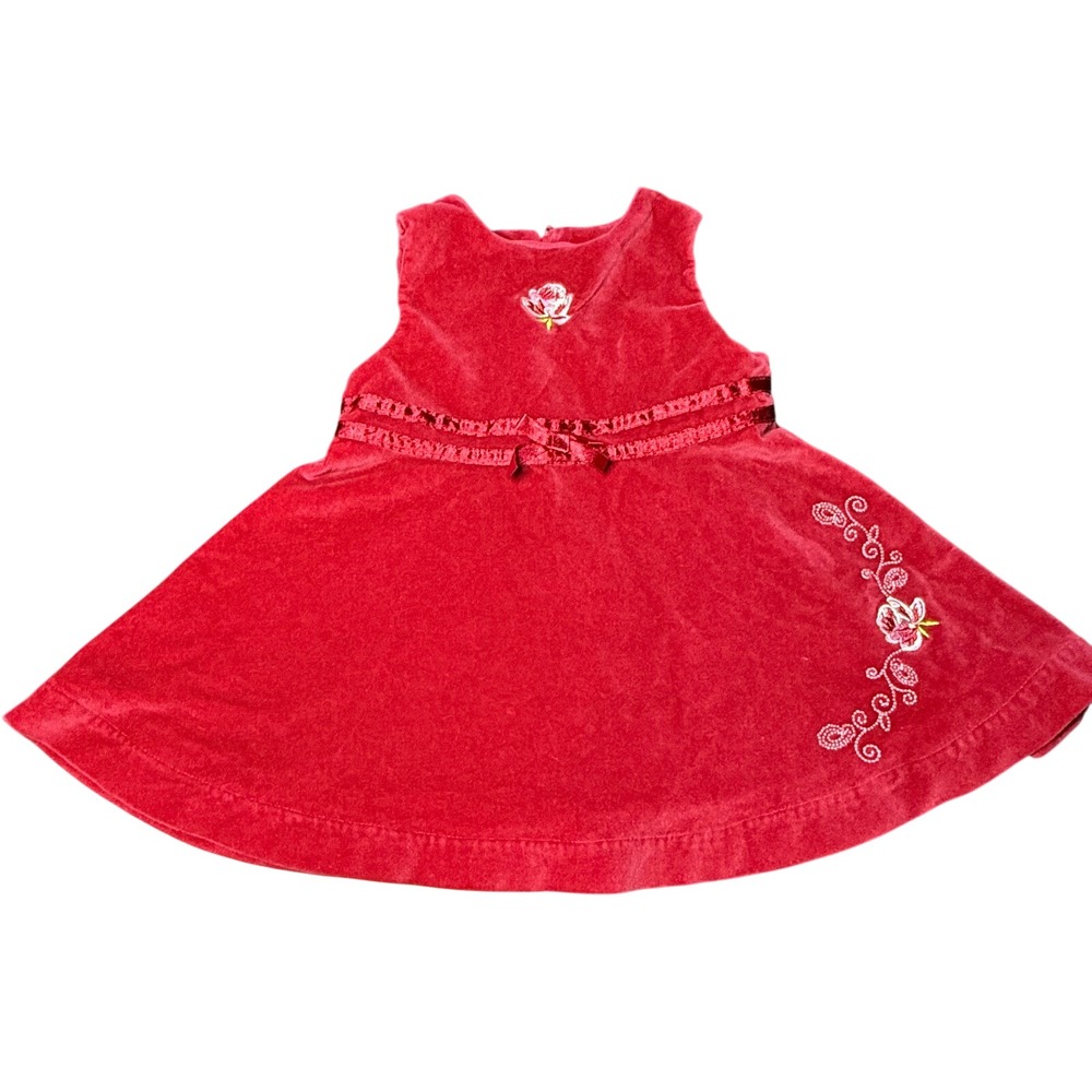Disney Baby Red Velour Dress Embroidered‎ Rose Detail 12M